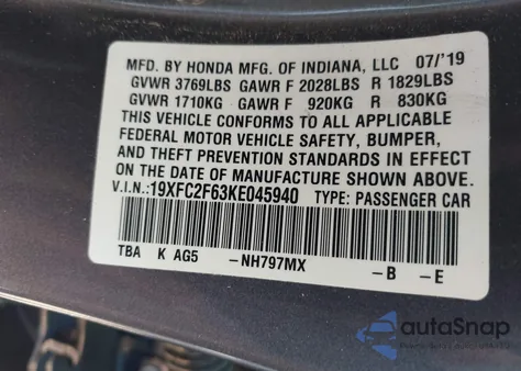 2019 Honda Civic Lx из США, поврежденный, VIN 19XFC2F63KE045940